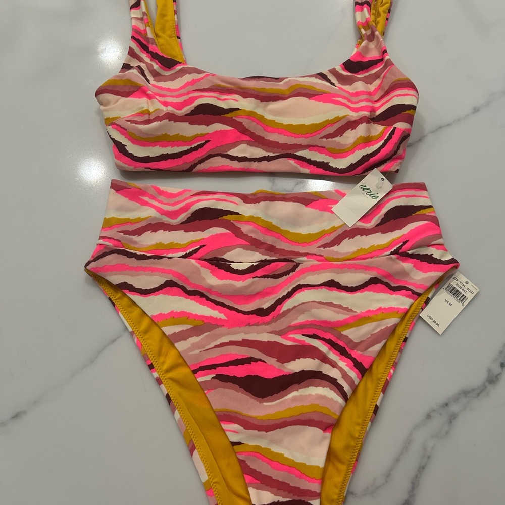 Aerie Pink Multicolor Wave-Print Bikini Bottoms